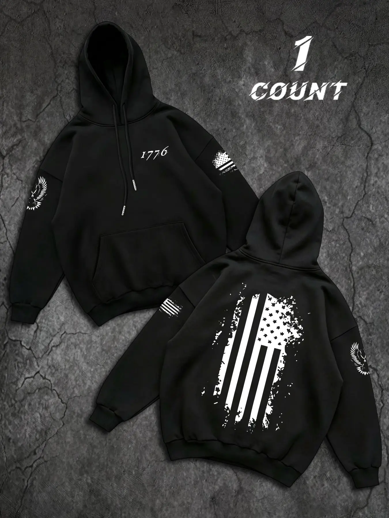 Men's Vintage Flag Eagle Print Hoodie, American Tactical Military Style, Loose Fit, Fall & Winter Casual Sweatshirt, Streetwear