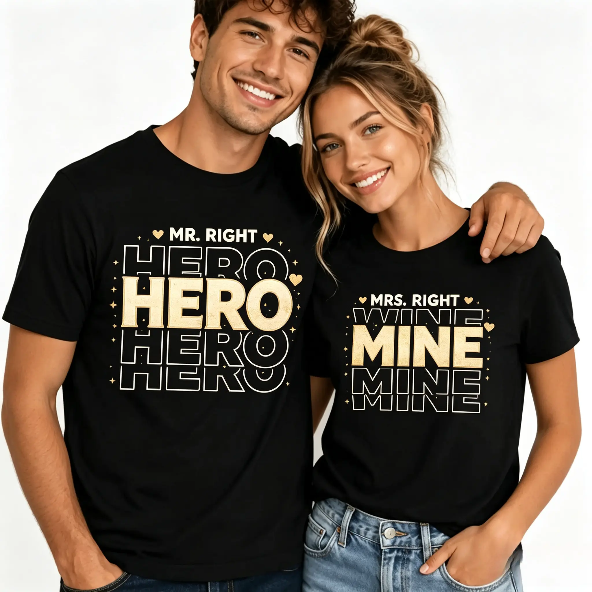 Couple Anniversary T-Shirt, Wifey Hubby Graphic Couple T-Shirt Design, Unisex Loose Fit Matching Couple Outfit, Romantic Wedding Anniversary Gift Short Sleeve Tee, Husband and Wife Photo Matching Tops
