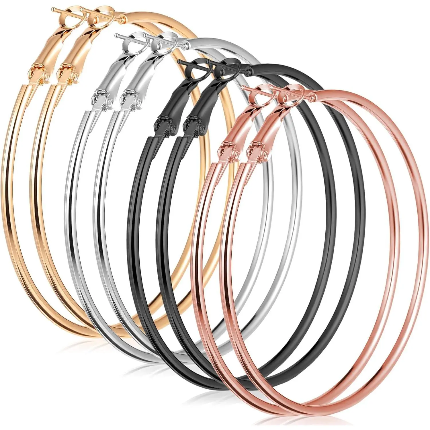 4 Pairs Stainless Steel Big Hoop Earrings for Women   Rose  Black 2.3 Inch Large Circle Hoop Earrings