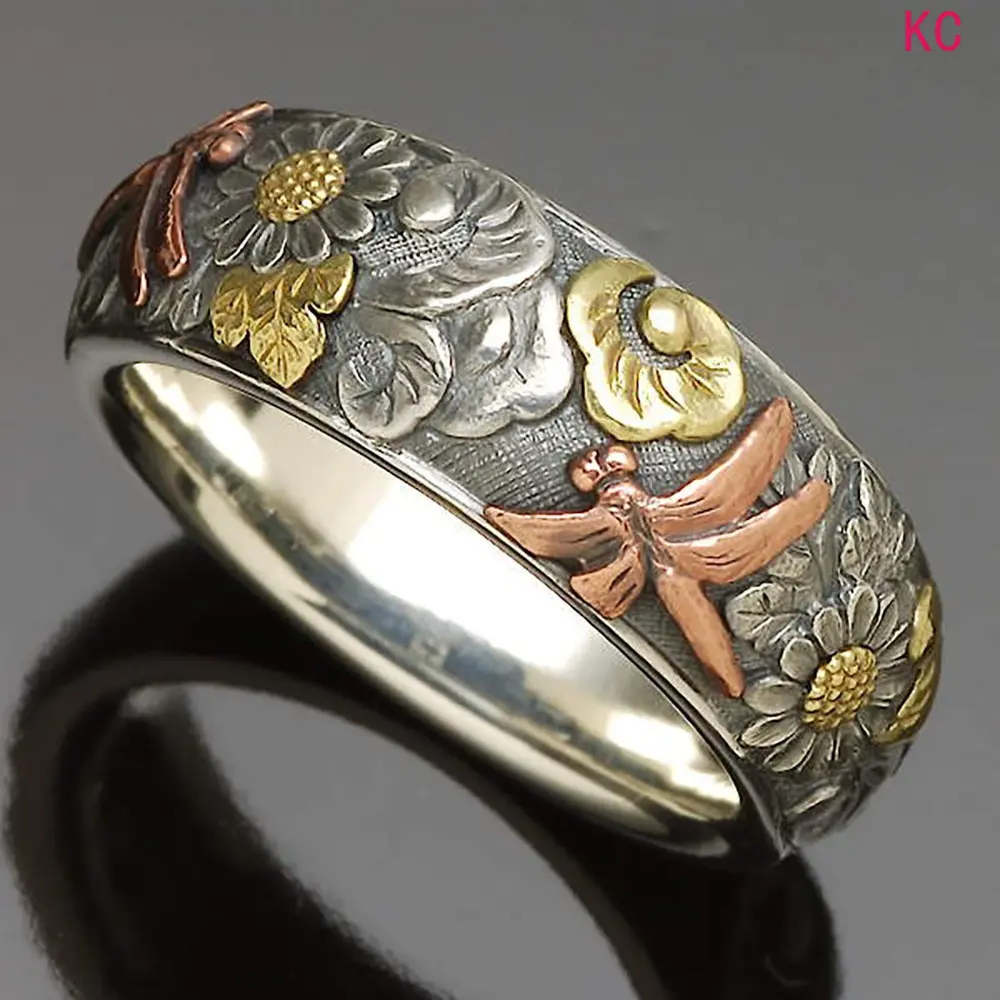Vintage Engraved Floral Ring With Dragonfly And Sunflower Pattern, Retro Finger Jewelry For European And American Women Daily Matching