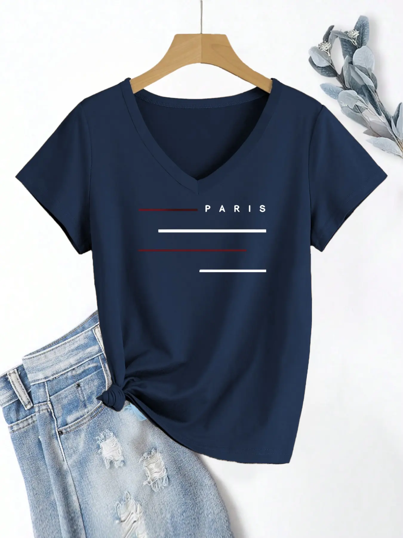 Women's V-Neck Short Sleeve T-Shirt, Paris Letter Print, Casual Slim-Fit Top, Fashionable Daily Wear, Spring Summer Fall