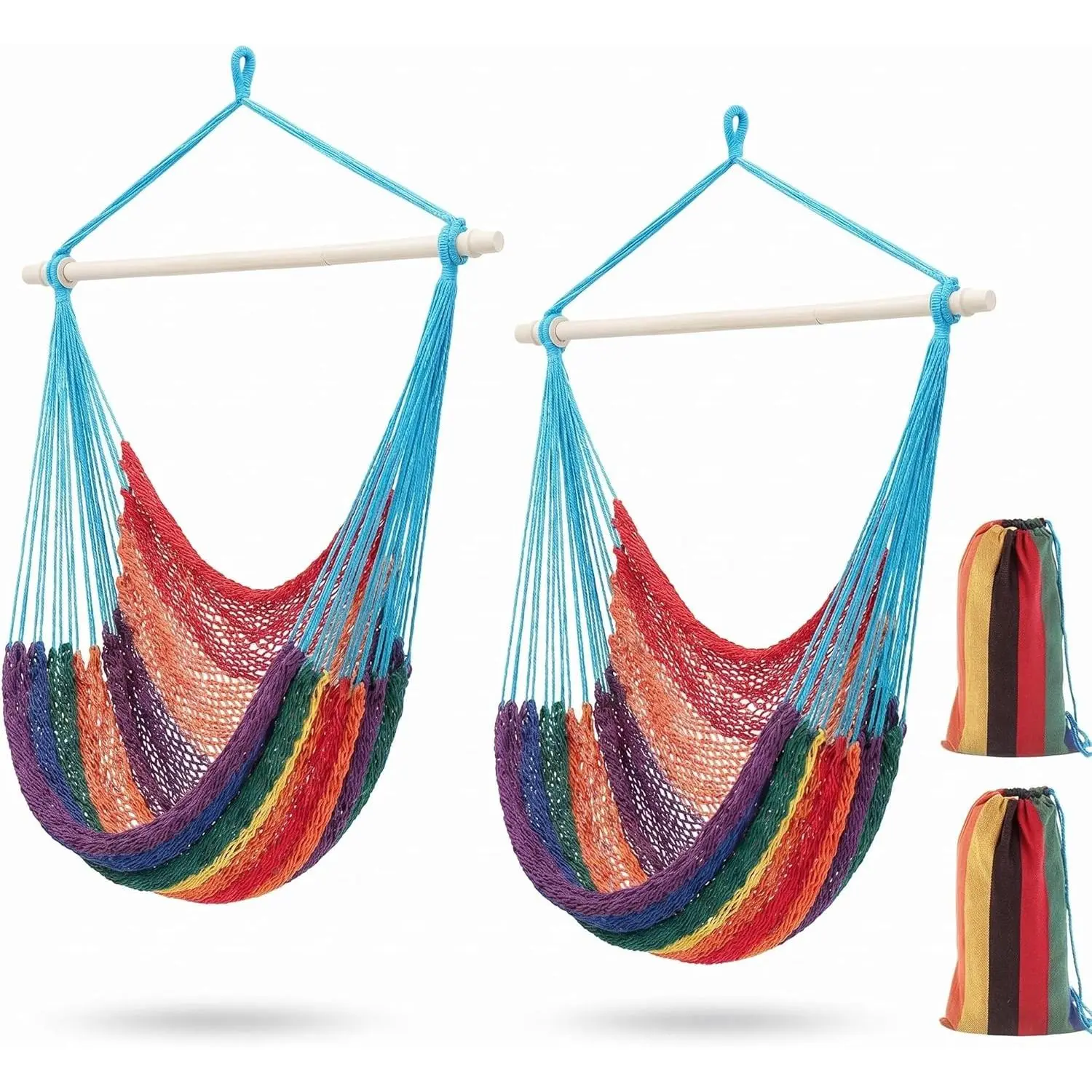2 Pcs Hanging Hammock Chair Boho Swing Chair Outdoor Indoor Comfy Soft Cotton Rope Weaving with 40 Inch Detachable Metal Bars for Backyard Living Room Garden, 270lb Capacity (Rainbow Color)