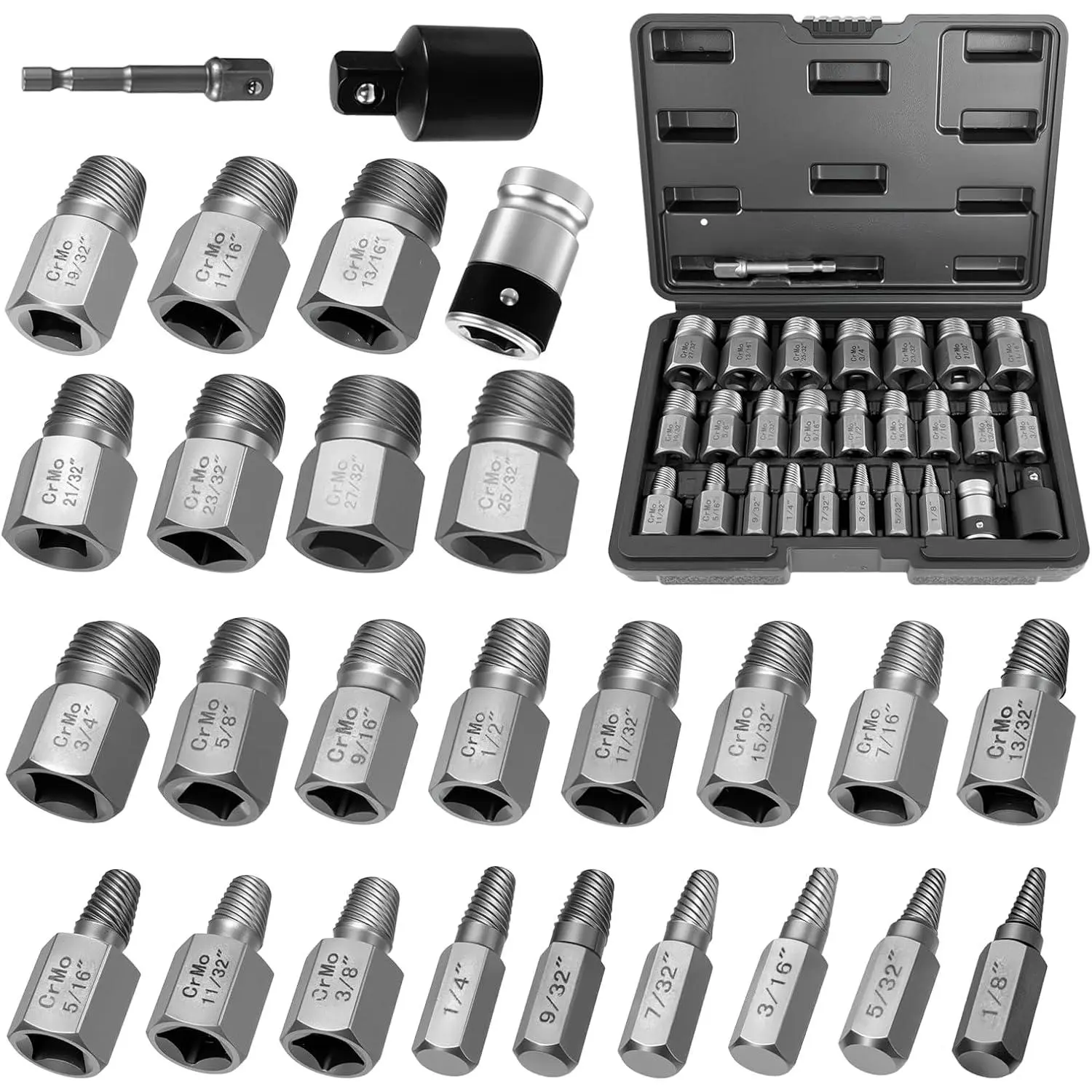 27 count Upgraded Screw Extractor Set,  Cr-Mo Steel EZ Out | Hex  Bolt Extractor Kit, Heavy Duty Multi-Spline Design for Removing Stripped, Rounded, Broken Screws & Studs