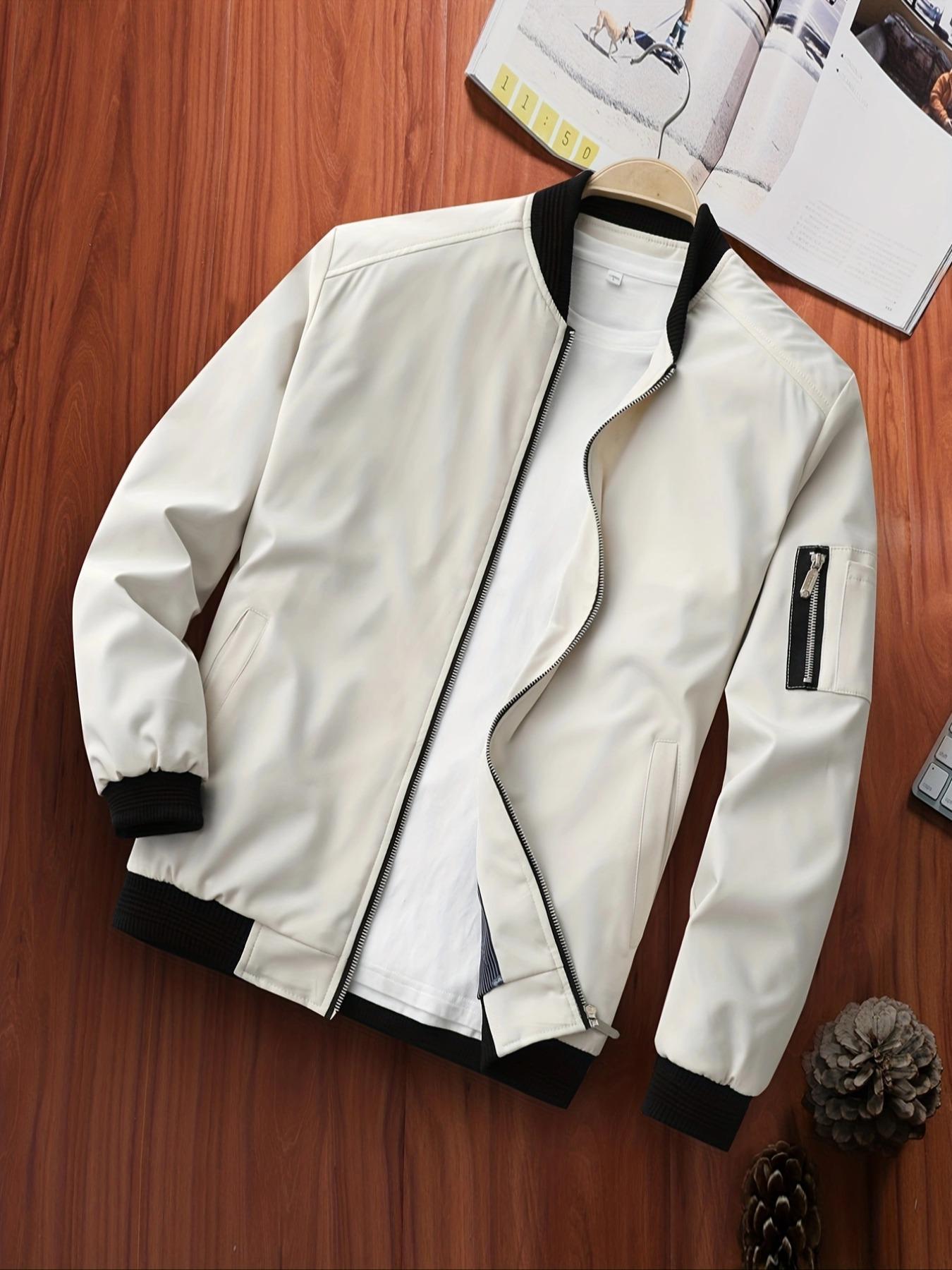 Men's Zipper Pocket Baseball Collar Varsity Jacket, Bomber Jacket Coat, Regular 2024 Mens Jacket, Casual Solid Color Baseball Jacket, Mock Neck Jacket, Going Out Outfit, Men's Streetwear Outerwear for Fall & Winter, Fall Clothes