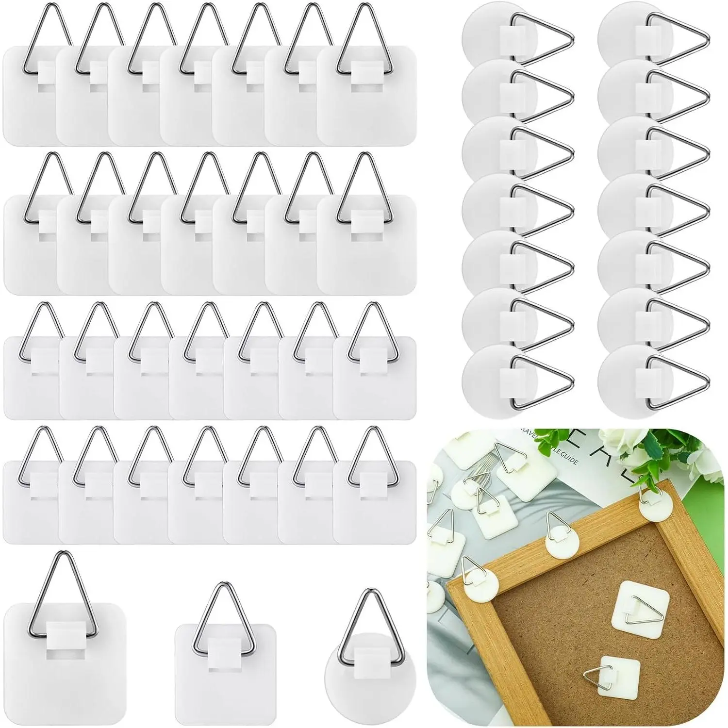 Wenqik 45 Pcs No-Nail Adhesive Picture Hanging Hooks, Plastic Sticky Photo Hangers for Foamboard, Wall Art, Photo Frame, Bathroom Closet, Round & Square