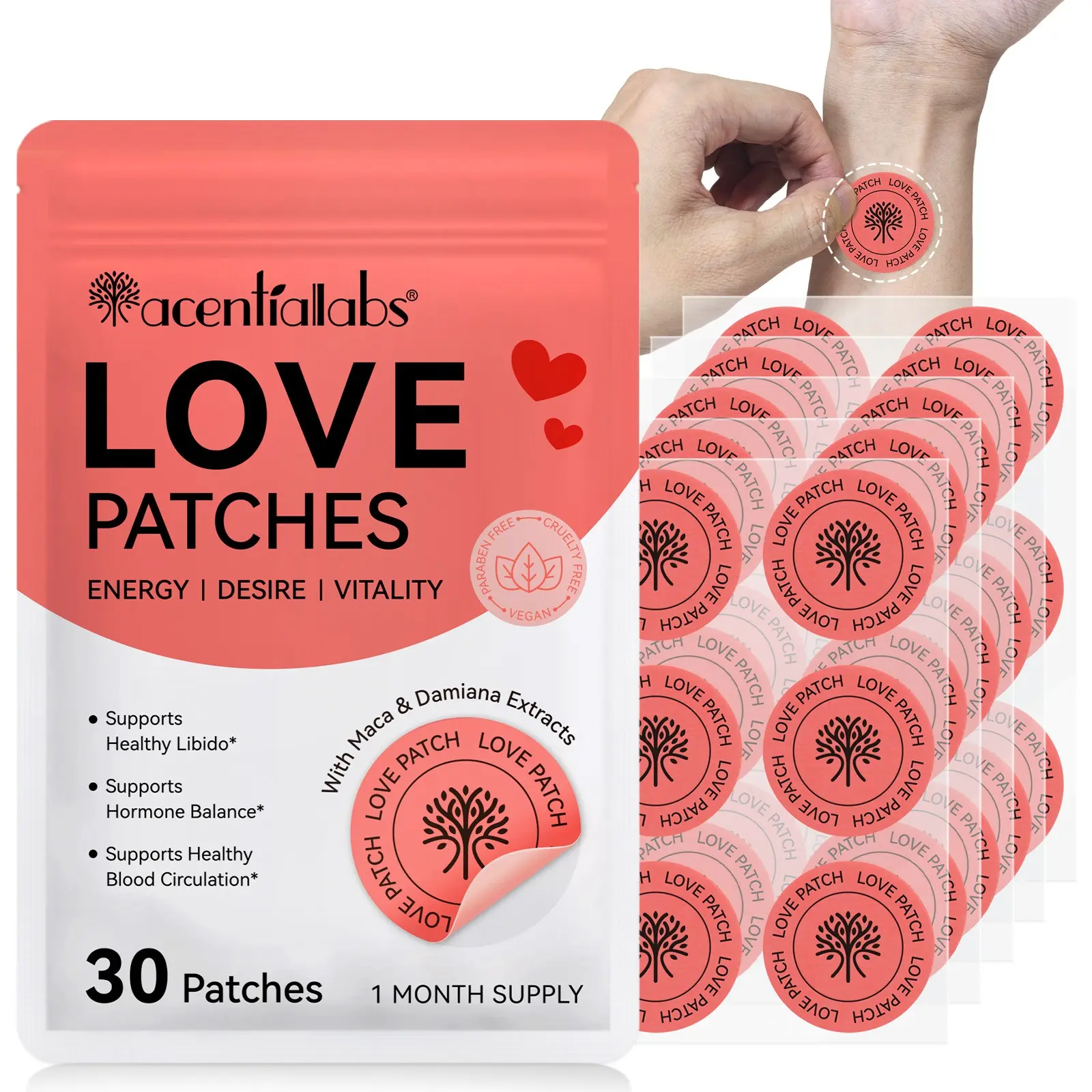 Acentiallabs Love Patch 30pcs Bag, Ginseng Extract Natural Herbal Formula, Relieves Stress, Stress Relief, Boosts Energy, Vitality, Hormone Balance, Healthy Blood Circulation, Easy to Use