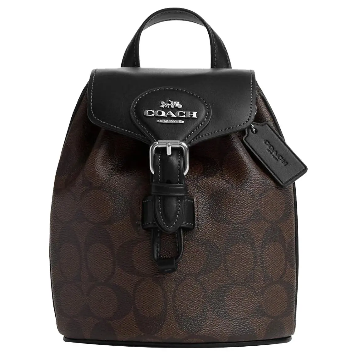 COACH Amelia 16 Backpack for Women – Classic Monogram Canvas and Smooth Leather, Silver Logo Snap Flap with Interior Zip Pocket, Black and Brown