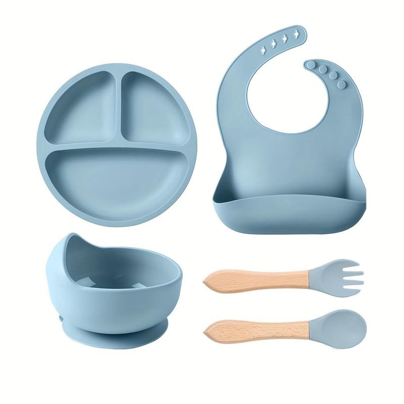 Baby Silicone Feeding Set, 5 Counts/set Including Bib, Bowl, Plate, Spoon & Fork, Baby Dinnerware Set, Baby Tableware Set, Mold Bowl, Silicone Utensils Set