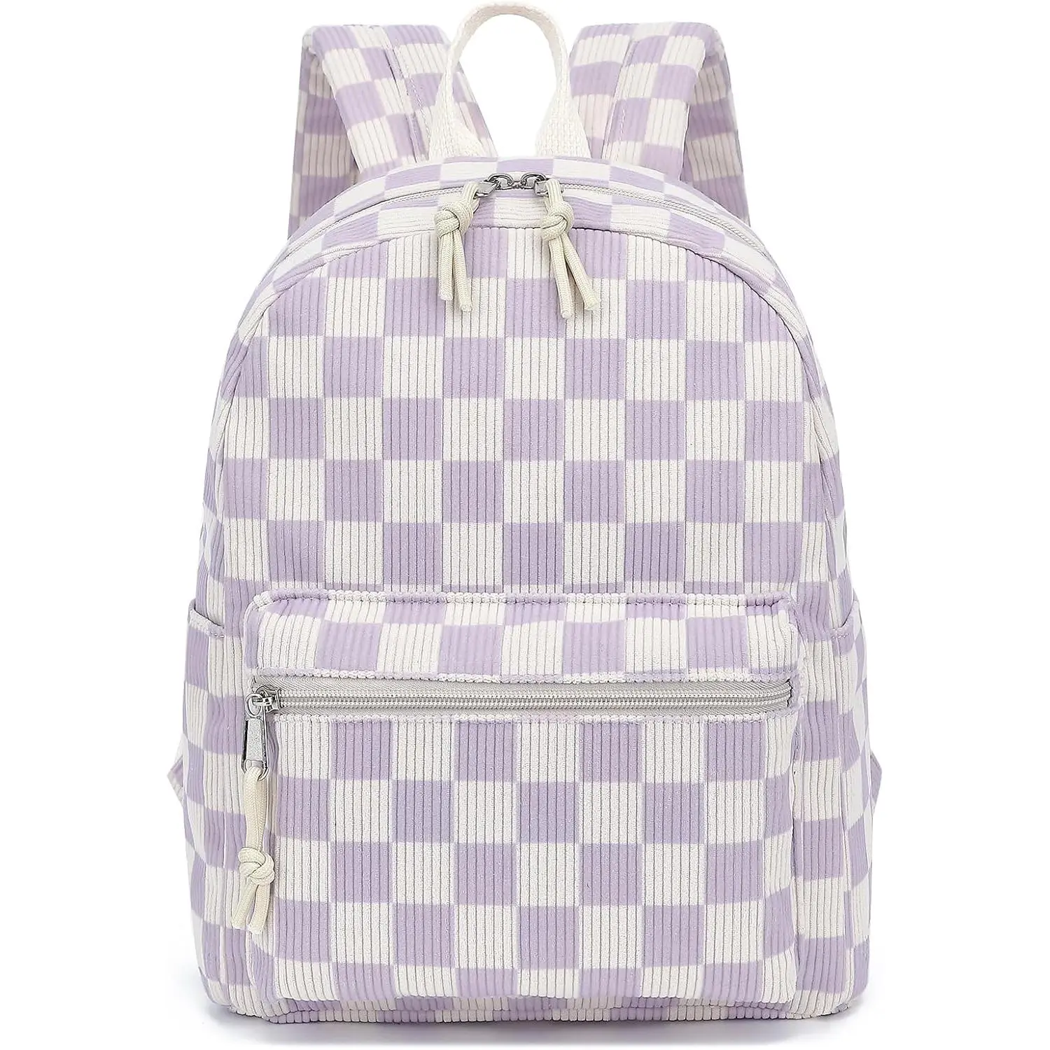 Women's Checkered Corduroy Mini Backpack Purse, Modern Compact Casual Outing Daypack with Zipper & Multiple Pockets for School Travel, Soft Corduroy