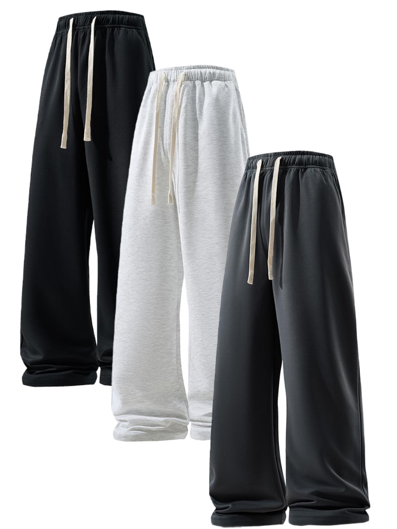 Men's Solid Plain Drawstring Waist Wide Leg Pants, Casual Comfy Breathable Pocket Trousers for Daily Wear, Men's Bottoms for All Seasons