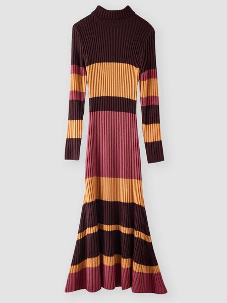 Elegant Women's Knit Dress, High Neck Long Sleeve Mermaid Tail Design, Colorblock Patchwork, Single Wear or Layering, Fall Winter Fashion