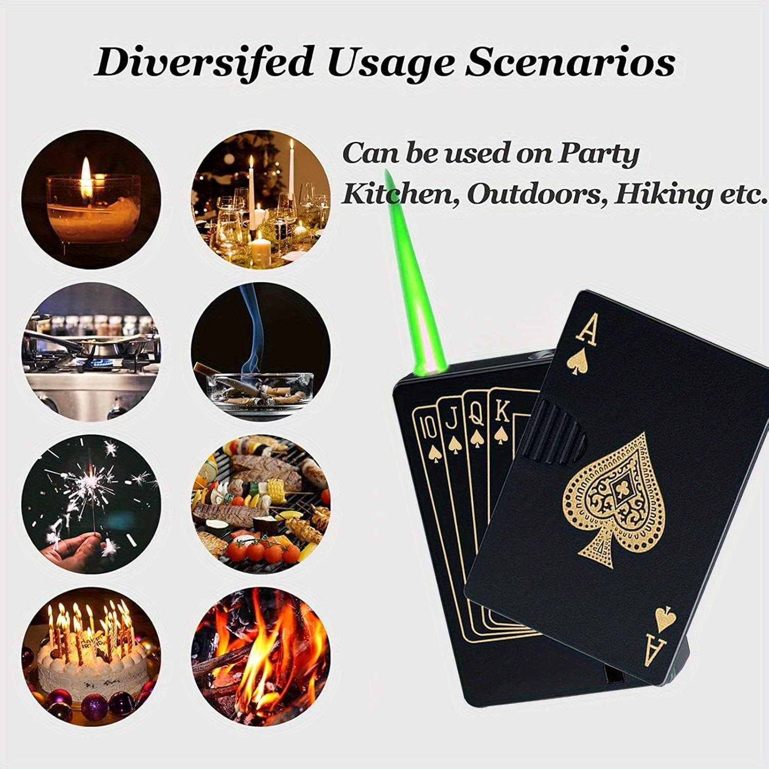 Green/red flame ace lighter, cool lighter windproof poker design, can be filled with butane lighter, suitable for outdoor, indoor, camping, barbecue, candles, birthdays, gifts (excluding gas)