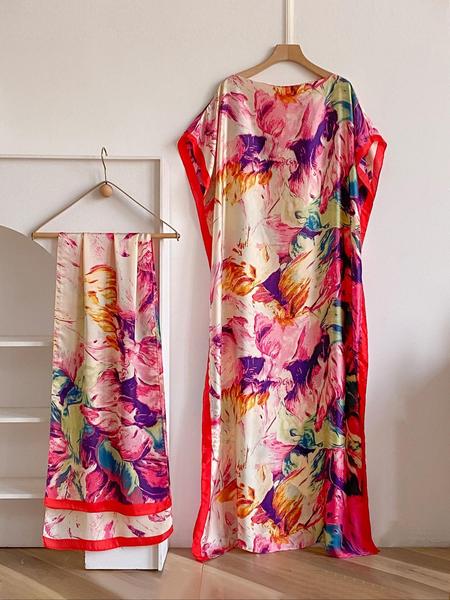 Women's Floral Print Long Sleeve Cape Shawl & Scarf Set, Elegant Casual Silk Scarf & Shawl Set for Beach Vacation, Boho Style Shawl, Fashion Accessories for Women