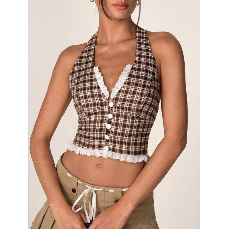 Plaid Halter Crop Top Women Lace Trim Button Front Y2K Cute Summer Going Out Top