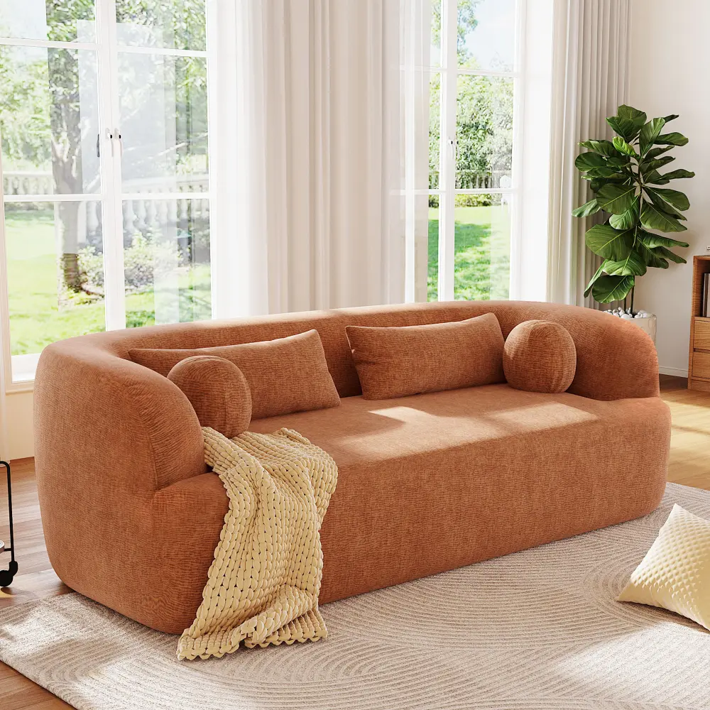 Littleox [NEW]86" Chenille Boneless Couch, Upholstered Sofa with Pillows, No Assembly Curved Cloud Couch with High-Density Foam, 3-Seater Luxury Modern Compressed Sofa for Living Room&Apartment