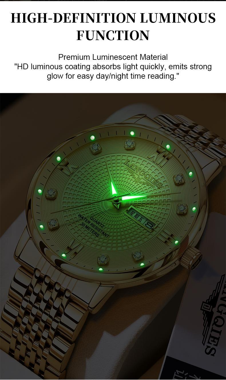 LANGQIES Elegant Multi-Function Men's Watch with Original Swiss Movement, featuring Dual Calendar, 42mm Dial, Sapphire Crystal, Stainless Steel Band, and Luminous Water-Resistant Design.