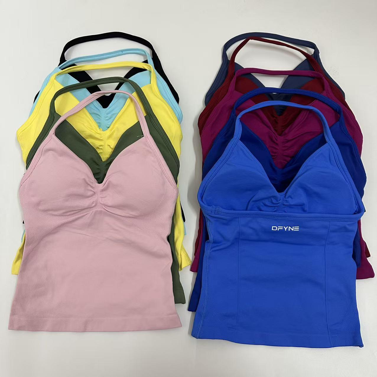 DFYNE Backless Fitness Tank Top with Built-in Bra Pads, Long Straps, and Elongated Cuffs for a Slimming Look, Ideal for Yoga Training.