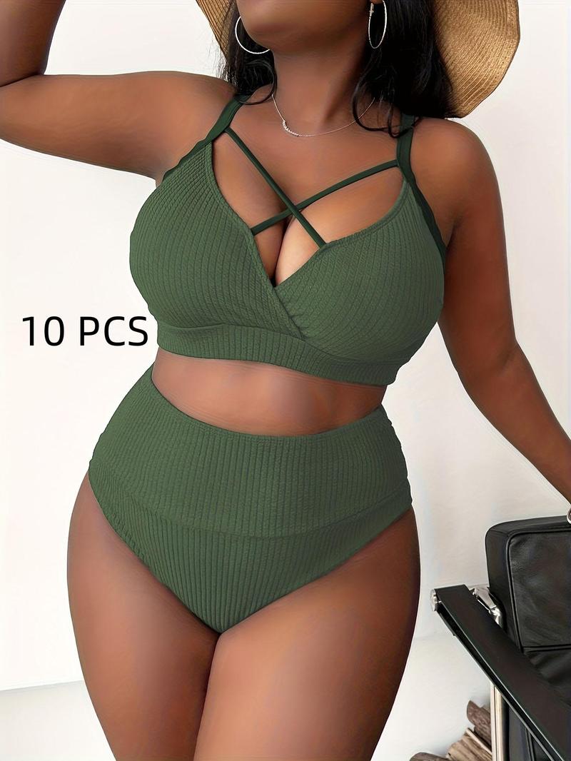 Plus Size Two-Piece Set Criss Cross Crop Cami Top & High Waist Panty Ribbed Tankini Set, Casual Adjustable Strap Swim Top & Swim Bottom, Women's Summer Swimsuit, Tankini Bottoms Set