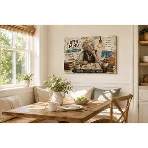 Einstein-Inspired "Open Mind" Collage Canvas Art| Educational Decor with "Stay Curious" & Lab Motifs, Aesthetic Office/Classroom Wall Art,wall decor,poster.