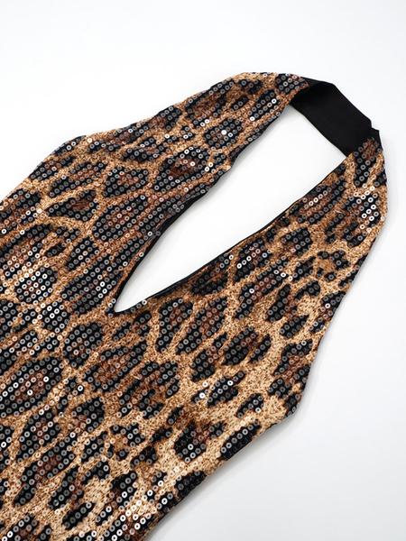 Women's Leopard Print Sequins Halter Dress, Fashion Casual Deep V Neck Backless Dress for Party Club Dating Wear, Women Dress for Summer, Womenswear