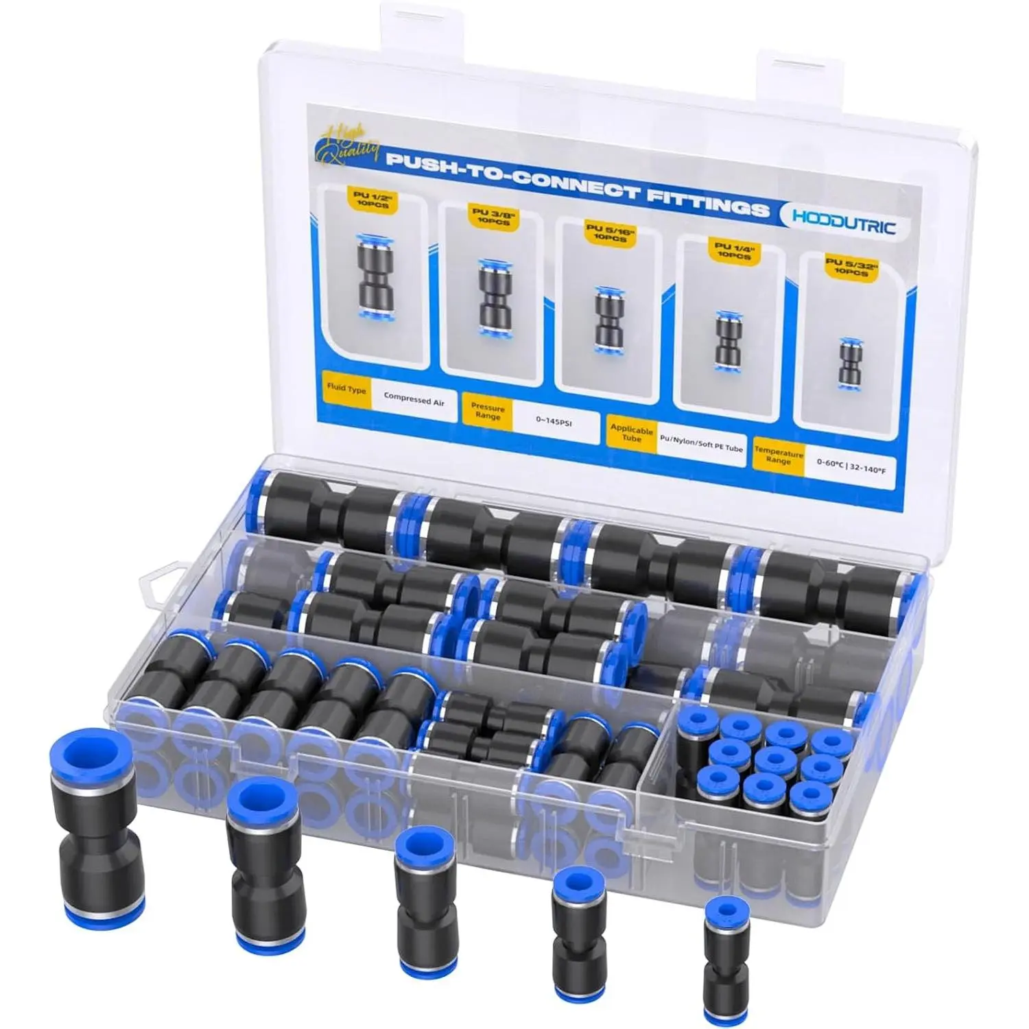50PCS Quick Connect Air Hose Fittings Kit Straight Push to Connect Quick Release Pneumatic Air Line Connectors for 5/32 1/4 5/16 3/8 1/2 inch Tube