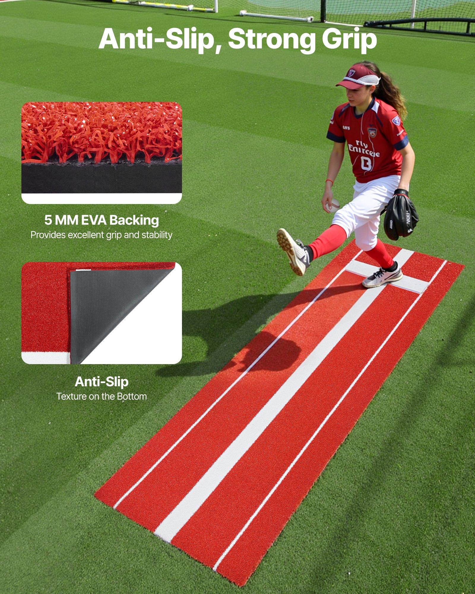 VEVOR Softball Pitching Mat, 10x3 ft Baseball Pitching Rubber Mound, Antifade Turf and Antislip Foam Backing Portable Training Aid, Fastpitch Equipment for Pitchers Indoor Outdoor Practice, Red