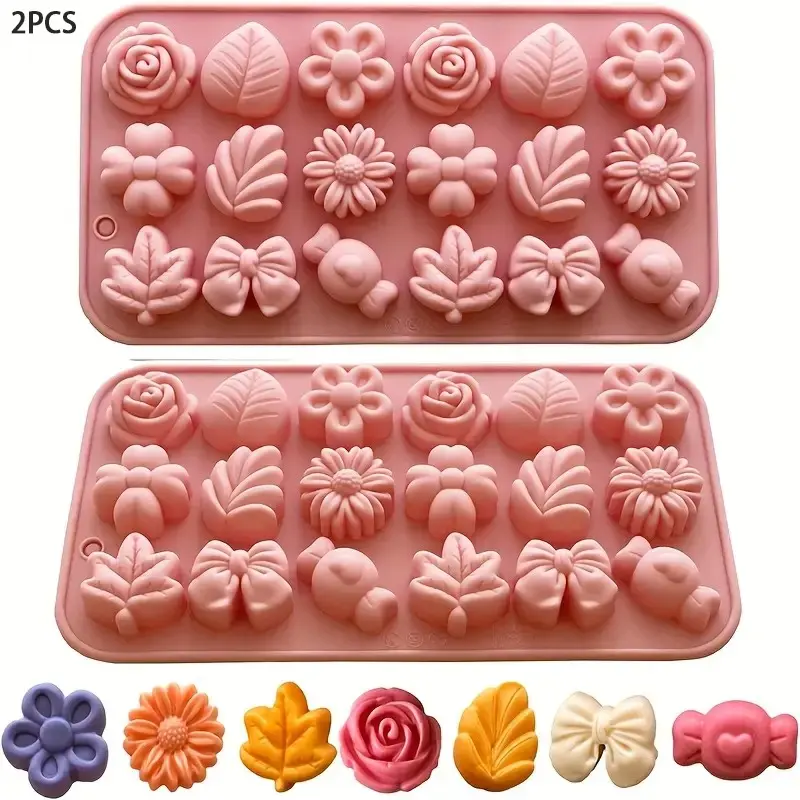 2pcs 3D Daisy Flower Silicone Molds, Tulip Flower Bow Leaf Jelly Ice Pudding Soap Mold, Fondant Cake Chocolate Mould, Cake Decoration