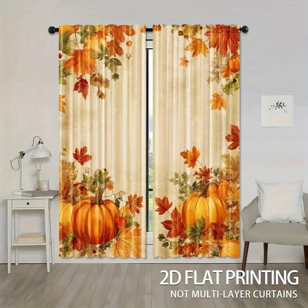Modern Polyester Curtains, Thanksgiving Theme, Pumpkin and Maple Leaf Patterns, Living Room and Bedroom, Rod-Pass Through Design, 2D Flat Effect