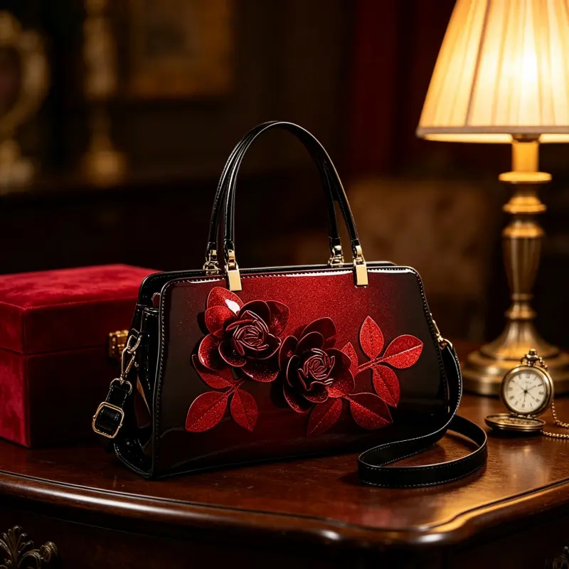 Women's Elegant Wine Red Patent Leather Structured Satchel - 3D Rose Embossed, Gold Hardware, Top Handle, Detachable Crossbody Strap, Zip Closure, Multi-Compartment, TPU, Minimalist Luxury Messenger Bag for Party, Weddings, Structured Shape, Messenger Bag