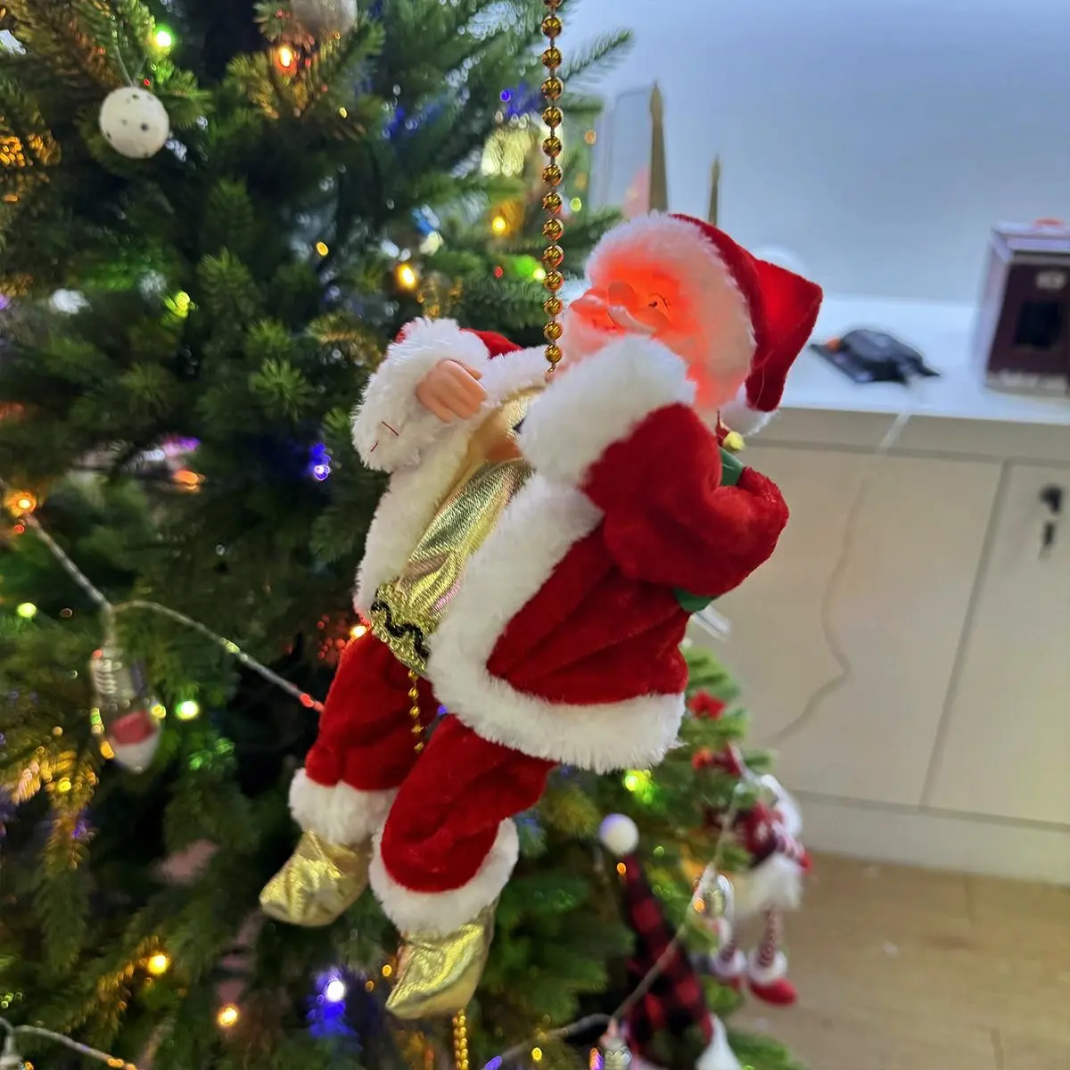 LED Climbing Beads Santa Claus with Music, Up and Down Moving Function, Christmas Decoration Hanging Ornament, Holiday Gift