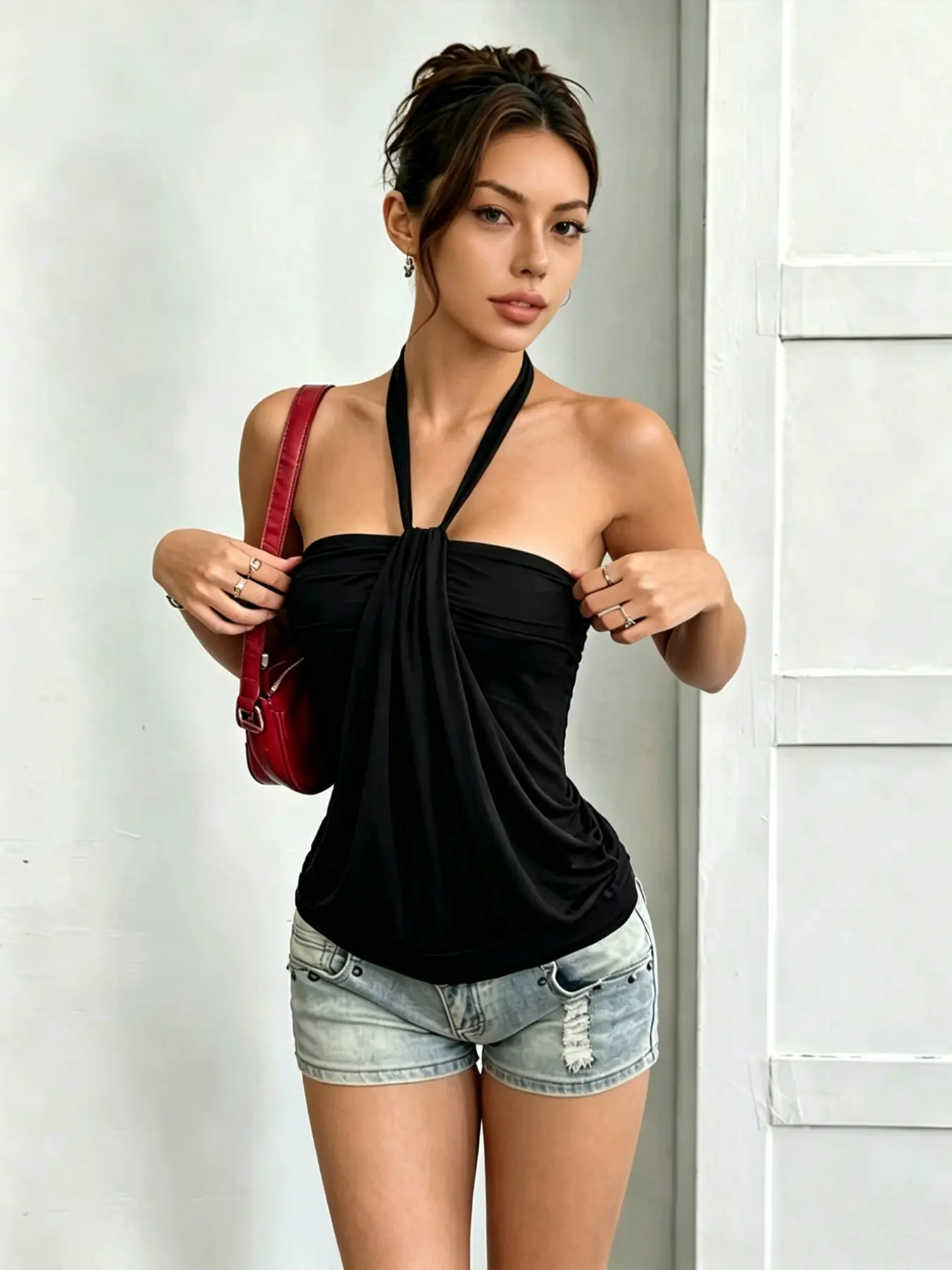 Y2K Style Halter Top, Front Knot Drop Pleat Waist Cinch Slimming Tie Back Pure Desire Atmosphere Vest, Trendy Women's Fashion Camisole Neck Cami Tank Top
