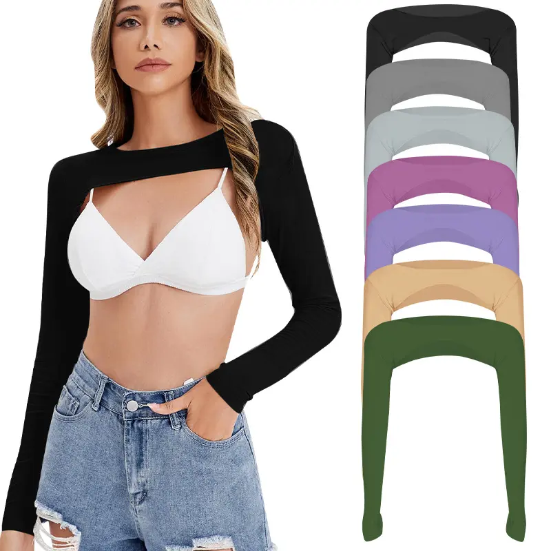 Women's Long Sleeve Open Front Crop Top Bolero Round Neck - Lightweight, Stretchy, Cool-to-Touch, Dry Fit Sports Outerwear, Female Gym Wear, Gym Training Sportswear for Shoulder Workouts, Exercise Activewear, Women's Gym Wear