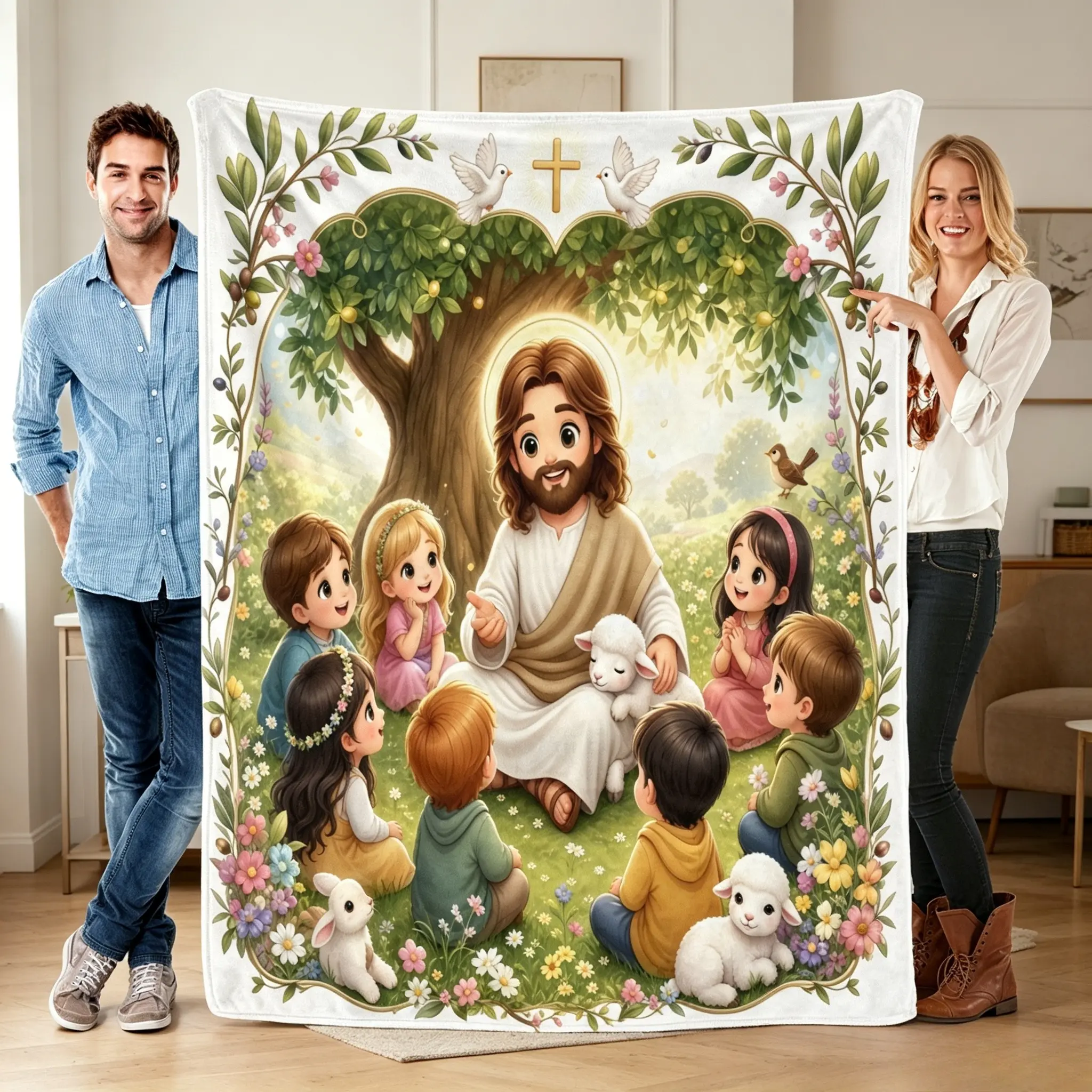 Cute Cartoon Jesus and Lamb Flannel Throw Blanket, Soft Christian Aesthetic for Kids and Adults, Warm Lightweight Bed Cover for Story Time and Family Movie Nights, Church Nursery Rooms, Birthday Blessings and Christmas Gatherings