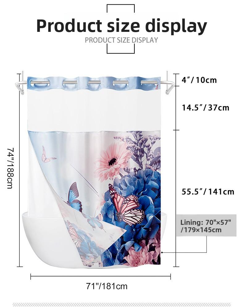 Snap Button Hookless Digital Print Waterproof Shower Curtain with Embedded Fabric Liner Set Lin Shower Curtain Partition
