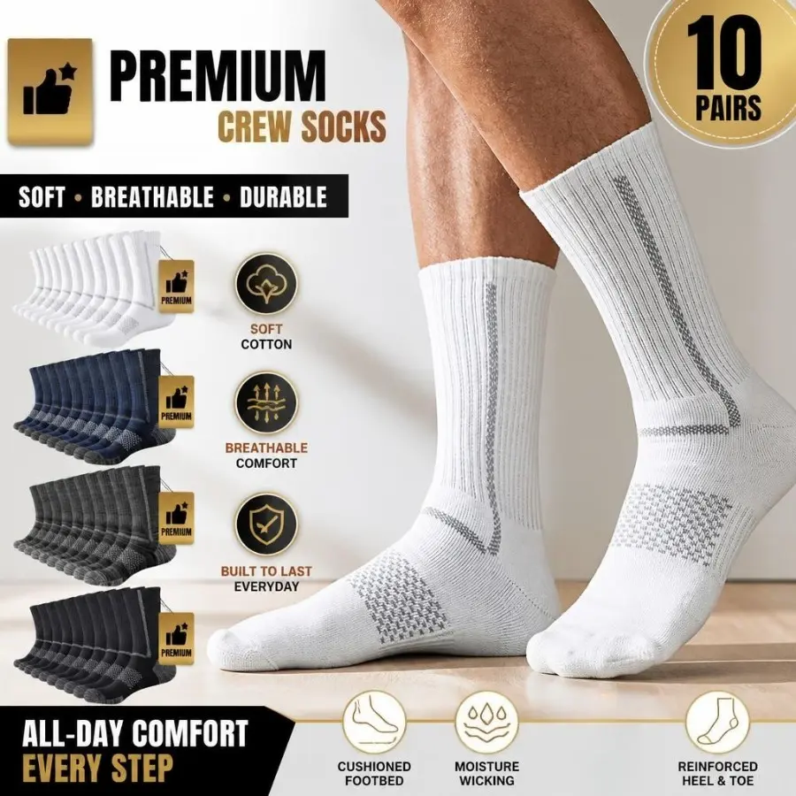 Men's Plain Ribbed Cotton Athletic Crew Socks (5/10/15/20 Pairs) - Soft, Breathable, Sweat-Wicking, Cushioned Sole, Reinforced Durable Support - Activewear Menswear Sportswear for Long-Hour Standing Work, Walking, Daily Use (8-10), All Seasons, Crew Lengt
