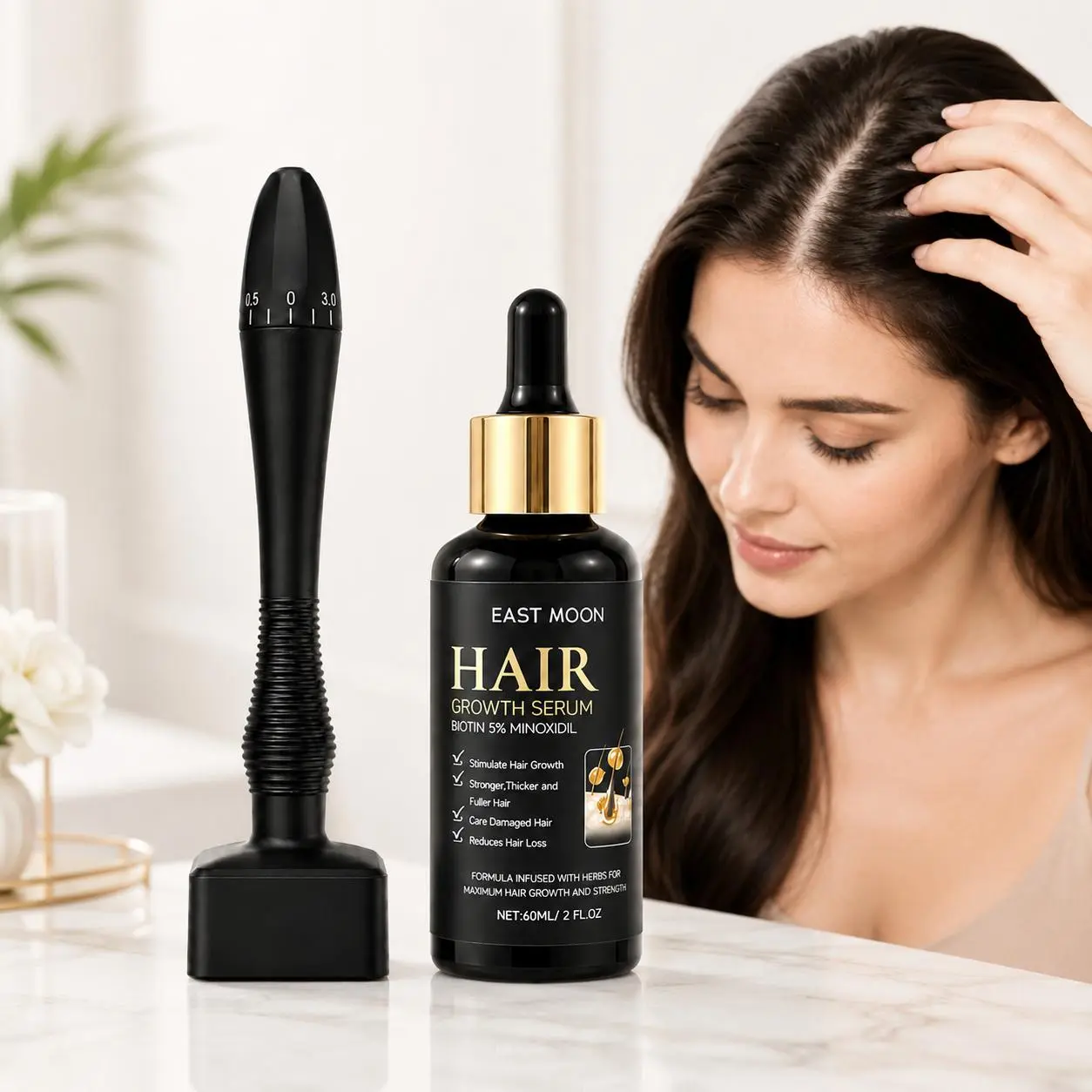 Scalp Care Microneedle Stamp & Hair Serum Set, Adjustable Derma Stamp Tool with Nourishing Hair Care Serum for At-Home Scalp Care Routine