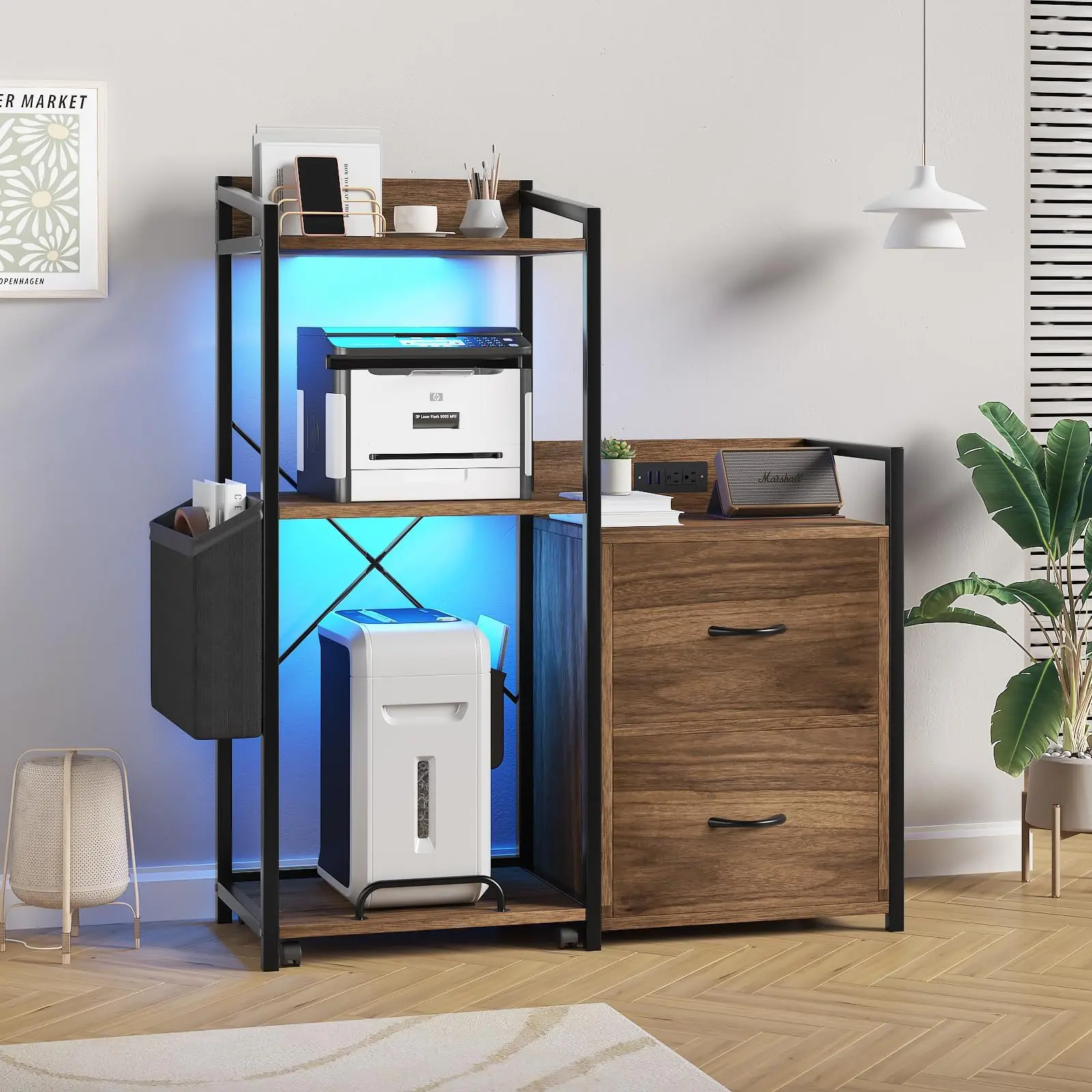 GAOMON 2-Drawer Office Document Cabinet - Rectangular, Sturdy Base, Letter Size Fits, A4 Compatible, Large Printer Stand with Container, Power Strip Included, LED Lights, Modern Home/Office Furniture Decor