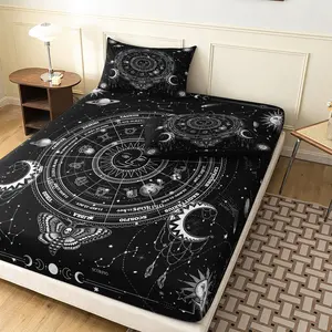 3 Pieces Black White Celestial Sun Moon Zodiac Constellation Fitted Sheet Set, Planet Skull Moth Star Chart Print Bedding, Soft Microfiber Gothic Aesthetic Bedding Decor (1 Fitted Sheet + 2 Pillowcases, No Pillow)
