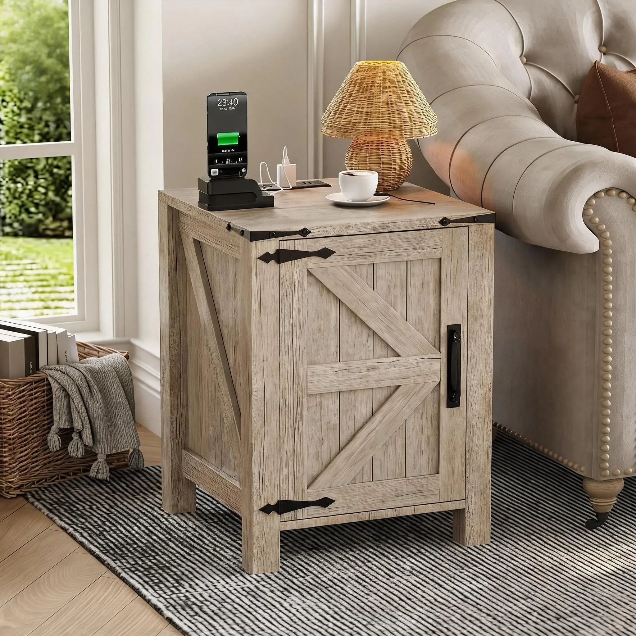 18-Inch Farmhouse Bedside Tables with USB Charging Stations, Rustic Barn Sliding Doors, 2-Tier Shelf, Adjustable Engineered Wood Shelves, End Tables for Bedroom, Living Room