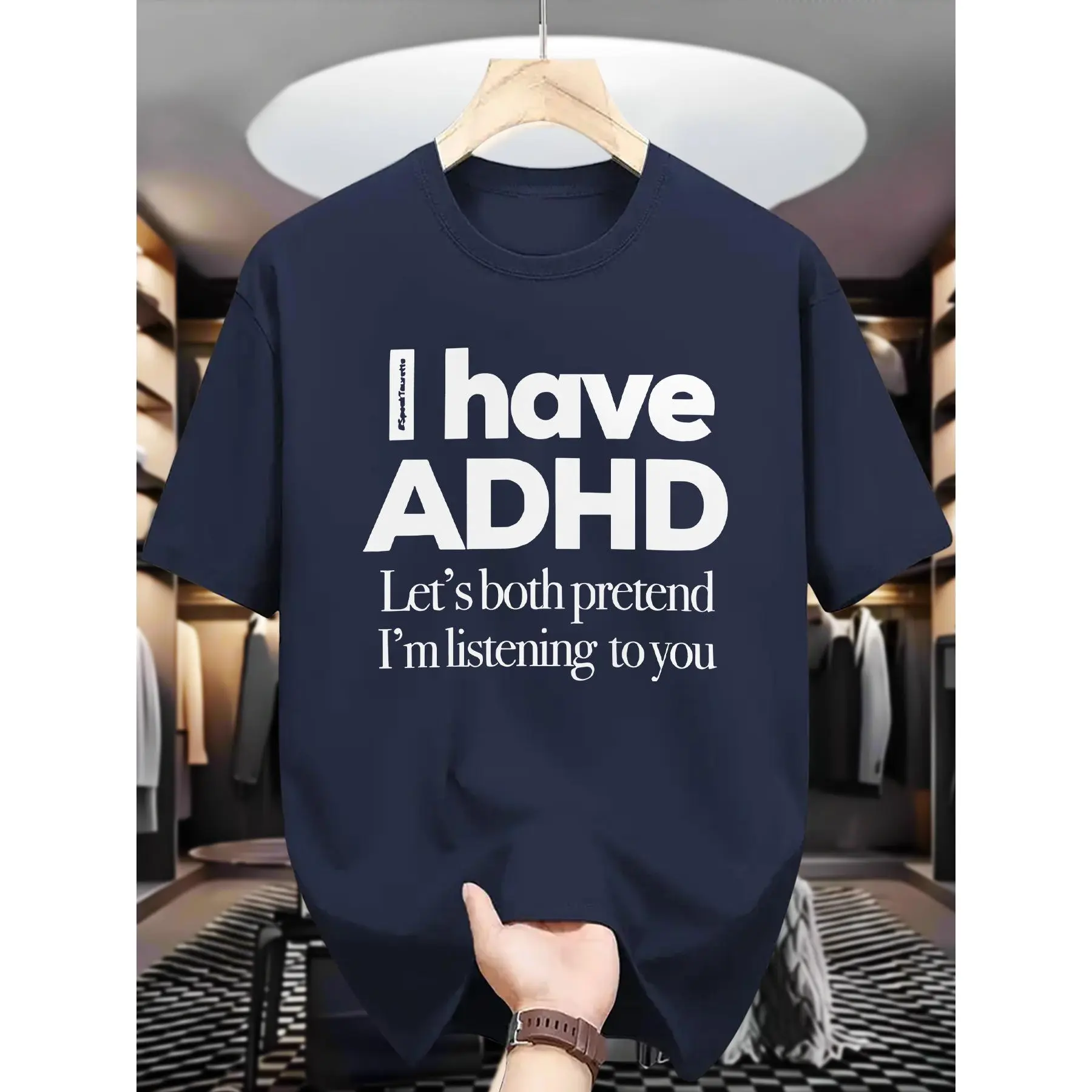 Funny "I Have ADHD Pretend I’m Listening" Graphic Print Sports T-Shirt - 180g 100% Cotton, Soft Loose Shortsleeve Casual Tee, Trending Relatable Meme Top, S-3XL (Sports & Outdoor Clothing)