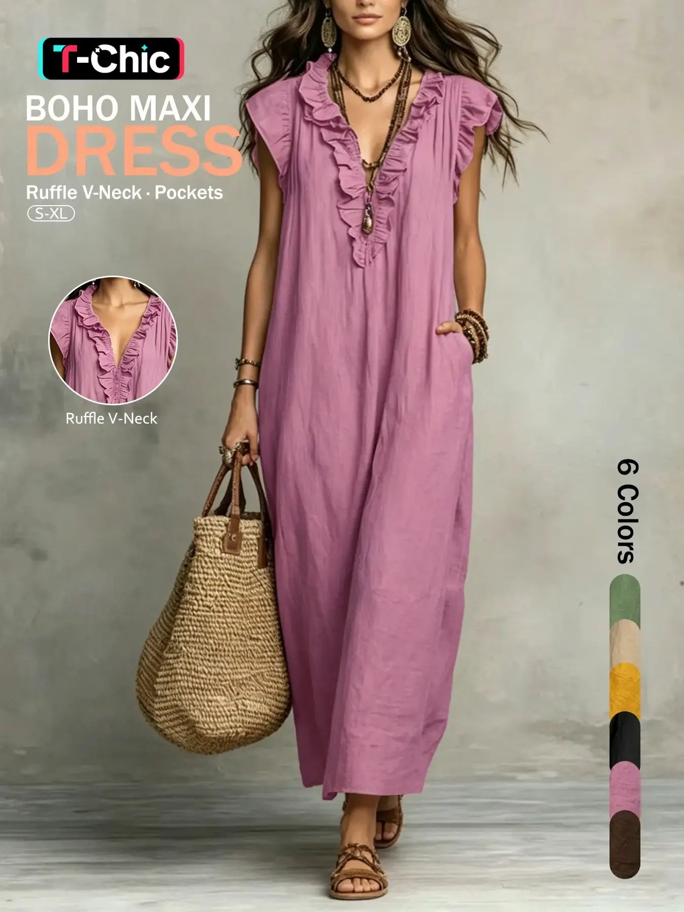 Women's Ruffle V-Neck Long Dress, Elegant Summer Flutter Sleeve Loose Fit Pants, Stylish Casual Boho Elegant Ladies' Clothing for Warm Weather, Casual Wear, Casual Boho Style