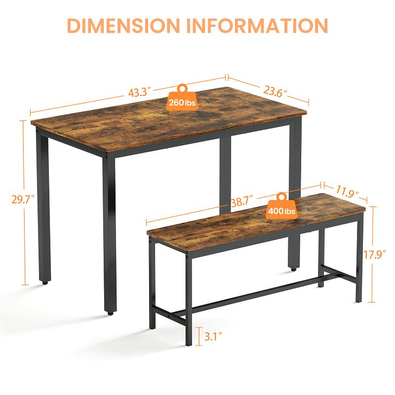 Kitchen Table with 2 Benches for 4, Wood Dining Room Dinette Sets for Breakfast Nook and Small Space, Brown