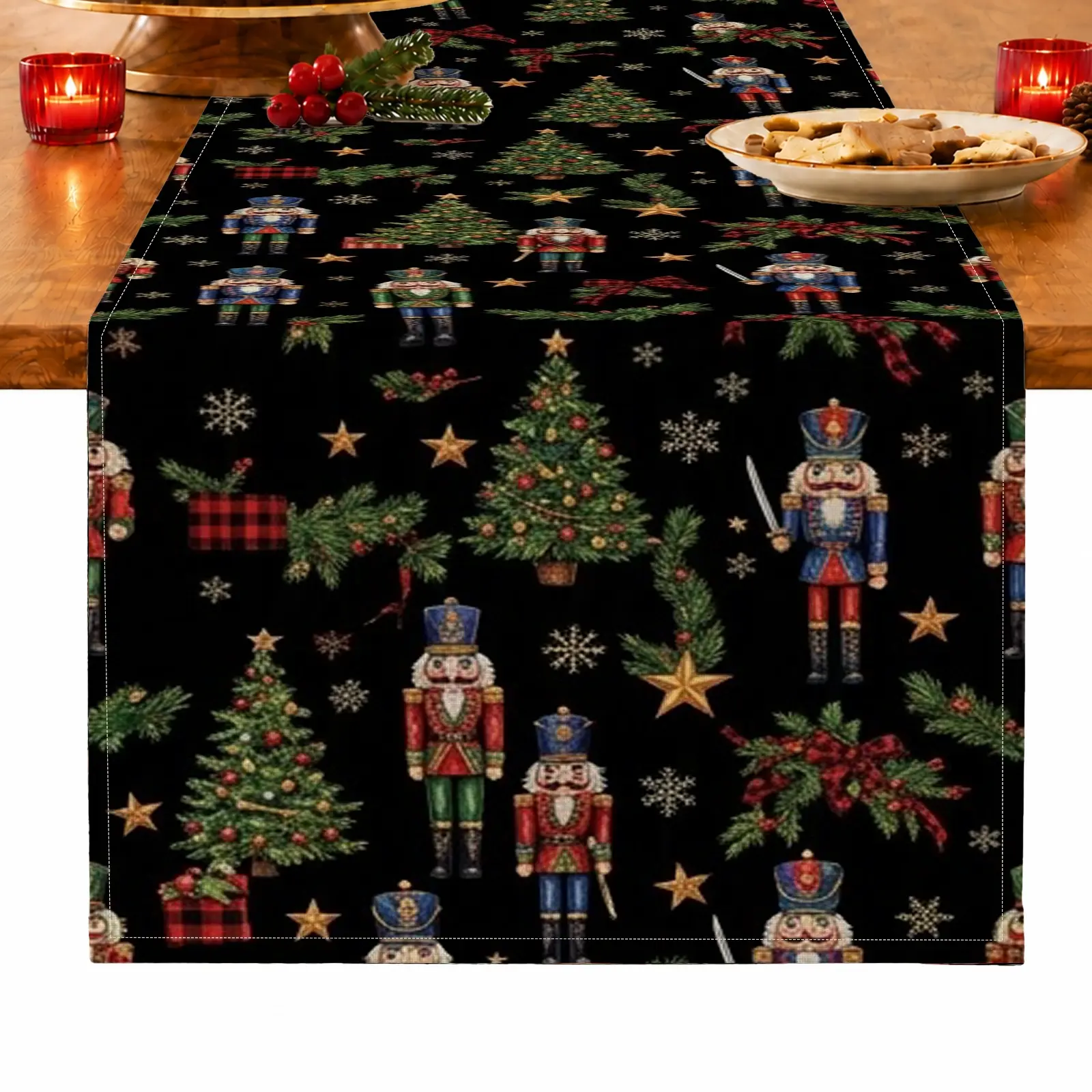 1pc Nutcracker Christmas Tree Snowflake & Star Table Runner, Vintage Christmas Style, for Dining Table, Kitchen, Dining Room & Home Decor, Christmas Table Decoration and Festive Home Decor, Ambiance
