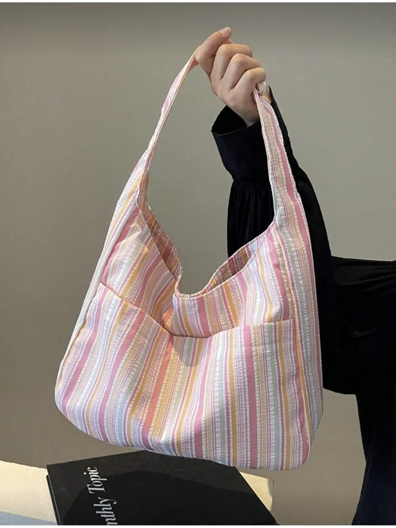 Large Capacity Women Canvas Handbag Crossbody Bag Casual Striped Tote Bag Pink