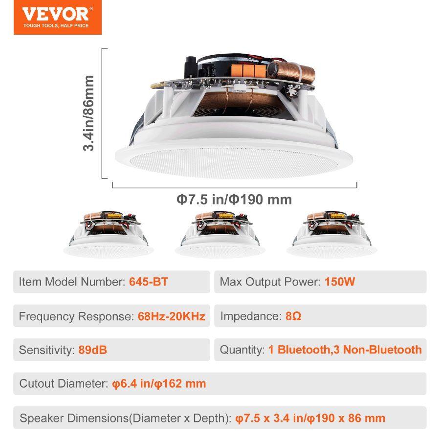 VEVOR 4 PCs 6.5'' Bluetooth in Ceiling Speakers, 150W, Flush Mount Ceiling in-Wall Speaker System with 8Impedance 89dB Sensitivity, for Home Kitchen Living Room Bedroom or Covered Outdoor Porches