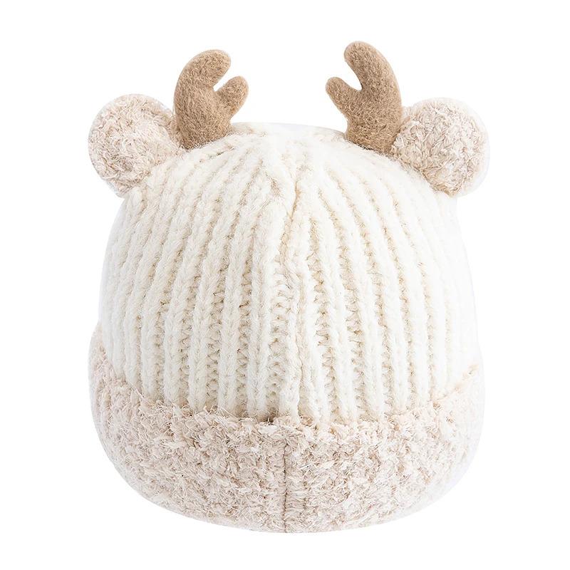 Hot Sale Women Cute Plush Fur Warm Winter Hat Young Trendy Knitted Hat With Deer Horn Ear Girls Lovely Elegant Fur Winter Cap
