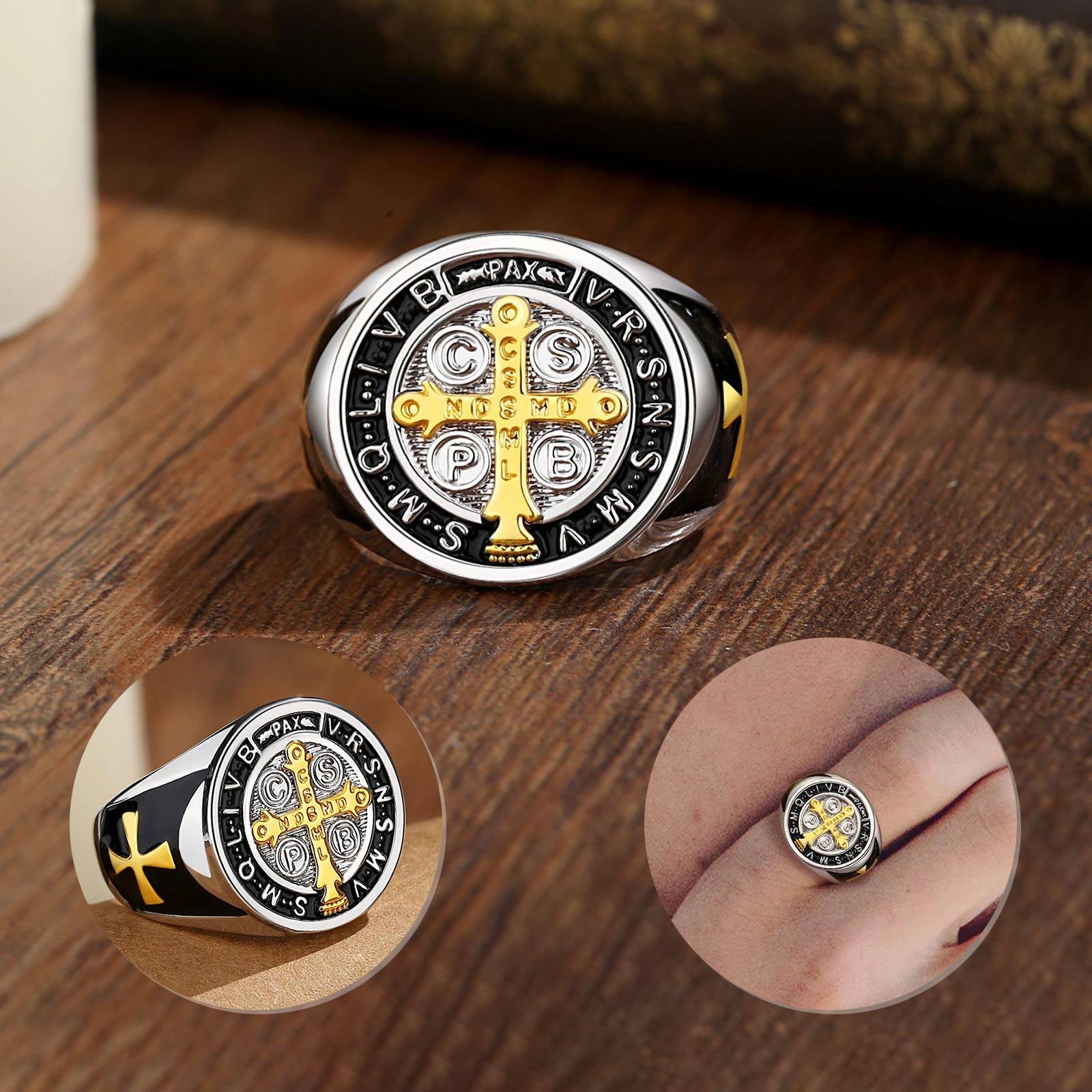 Eudora Saint Benedict Ring, Silver-Plated Protective Statement Ring, Vintage San Benito Cross for Men Adjustable Religious Jewelry