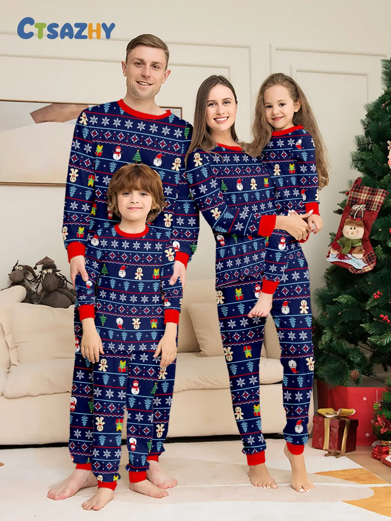 Christmas themed family matching pajamas sets for whole family four members long sleeve long pants homewear two piece sets navy base with snowman snowflake gingerbread man christmas tree print red con
