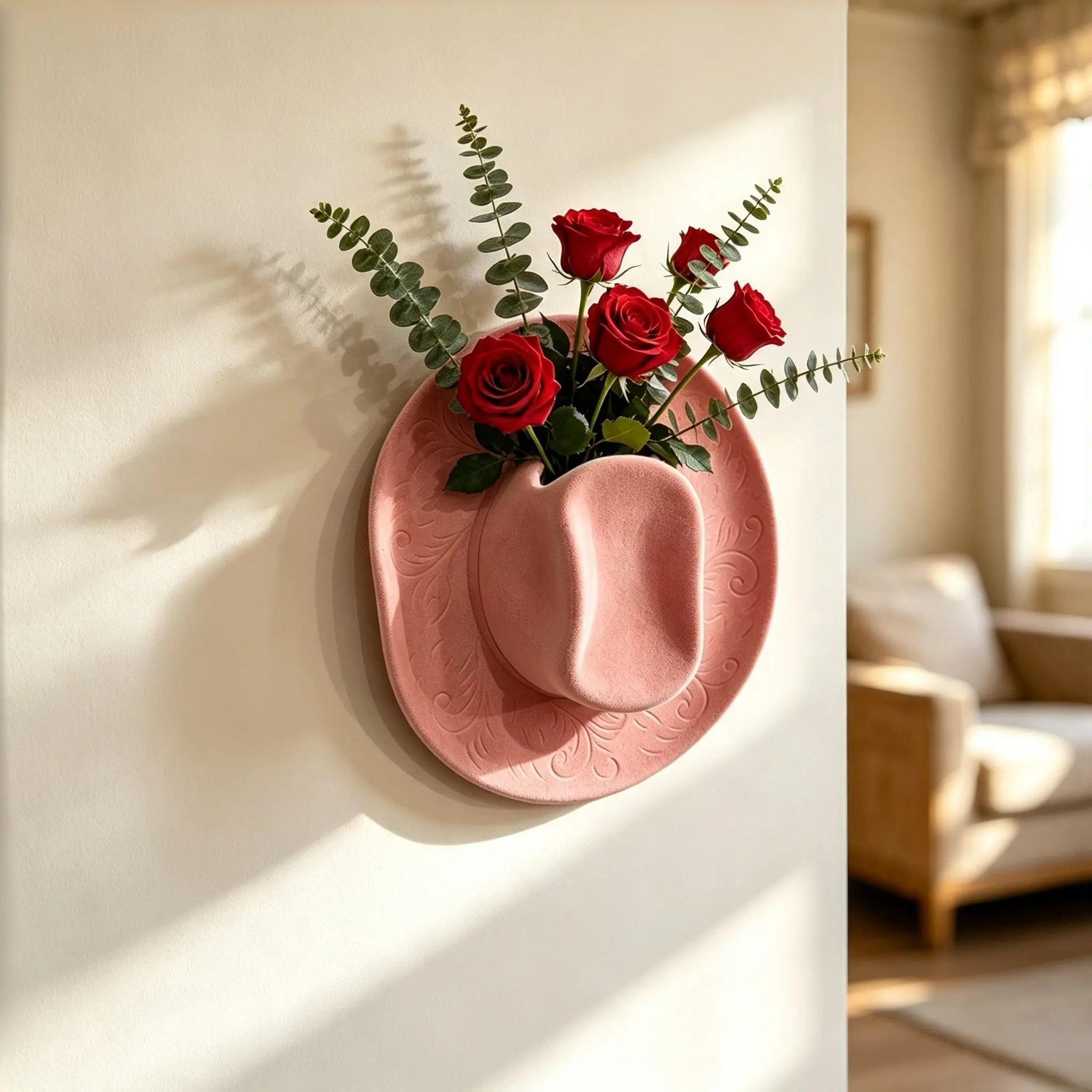 1PC Flocked Cowboy Hat Resin Vase, Wall Mounted Vase, Home Wall Art Decor Ornament, Hanging Floral Container