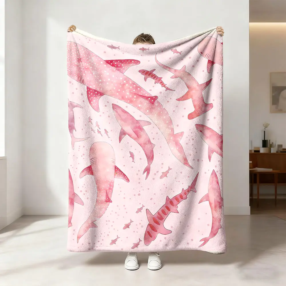 This pink watercolor shark-patterned flannel blanket is soft, warm, and versatile, suitable for use as a sofa bed cover, a Blanket for Couch, an office nap blanket, an outdoor camping blanket, and a gift for all seasons.